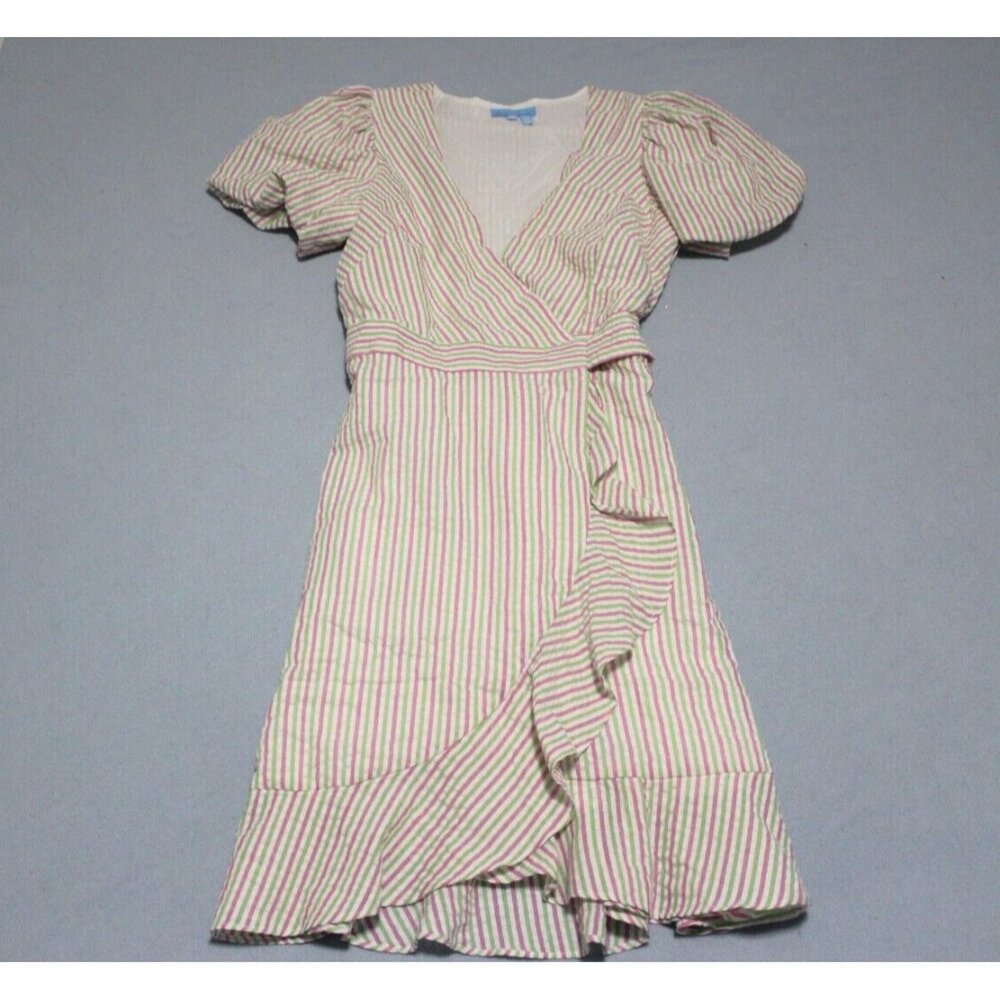Draper James RSVP Pink Green Striped Puff Sleeve Ruffle Hem Wrap Dress XS NWT